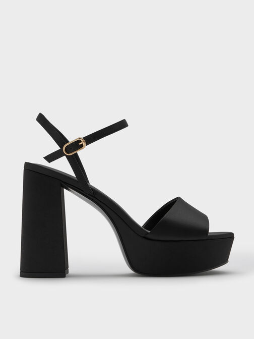 Satin Block-Heel Platform Sandals, Black Textured, hi-res