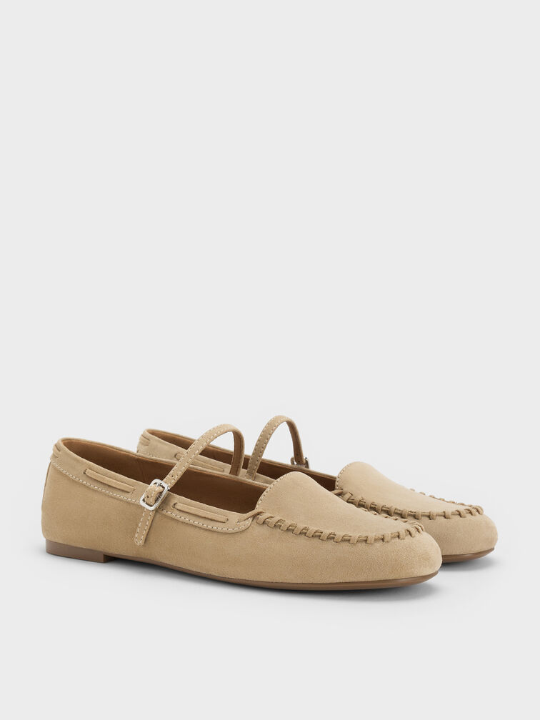Gale Faux Suede Mary Jane Loafers, Beige, hi-res