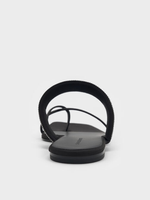 Satin Crystal-Embellished Crossover Toe-Ring Sandals, Black Textured, hi-res