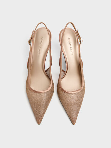 Glittered Mesh Pointed Slingback Pumps, Brown, hi-res