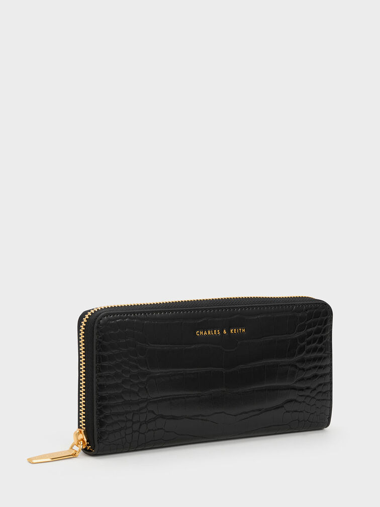 Dulcie Croc-Effect Zip-Around Long Wallet, Black, hi-res