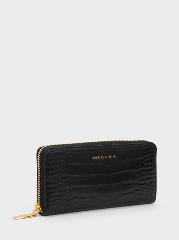 Dulcie Croc-Effect Zip-Around Long Wallet, Black, hi-res