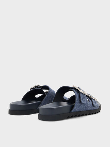 Denim Gem-Buckle Double-Strap Sandals, Denim Blue, hi-res