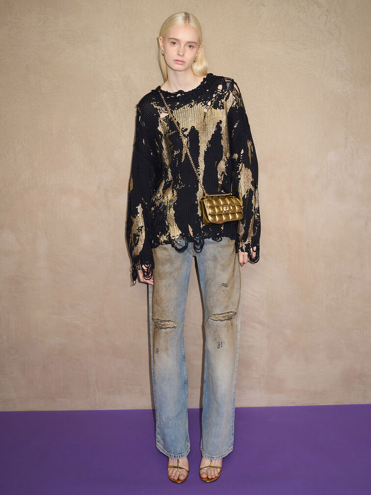 Metallic Square-Quilted Chain-Handle Bag, Gold, hi-res