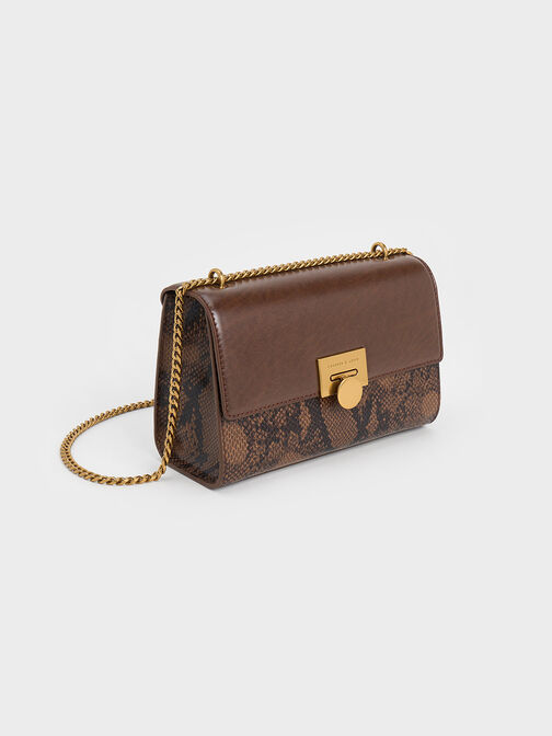 Ebba Snake Print Chain-Strap Bag, Brown, hi-res