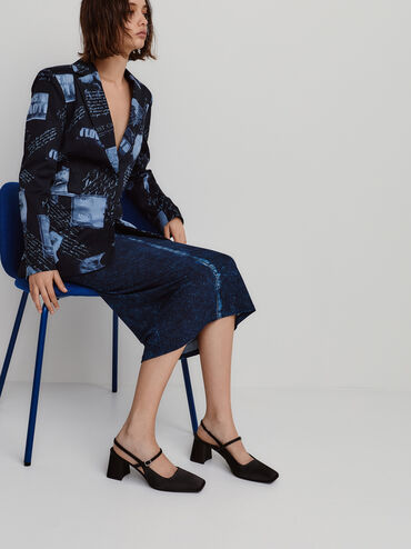 Recycled Polyester Square-Toe Mary Jane Slingback Pumps, Black Textured, hi-res