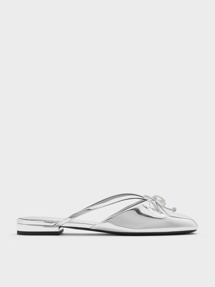 Metallic Pearl-Accent Bow Flat Mules, Silver, hi-res
