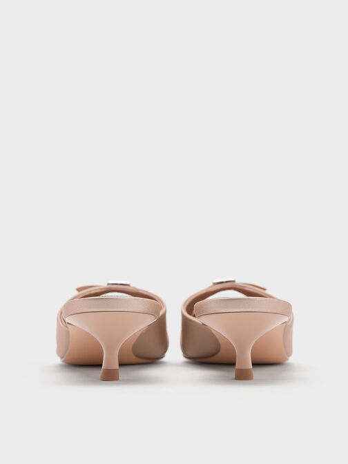 Crystal-Buckle Pointed-Toe Kitten-Heel Mules, Nude, hi-res