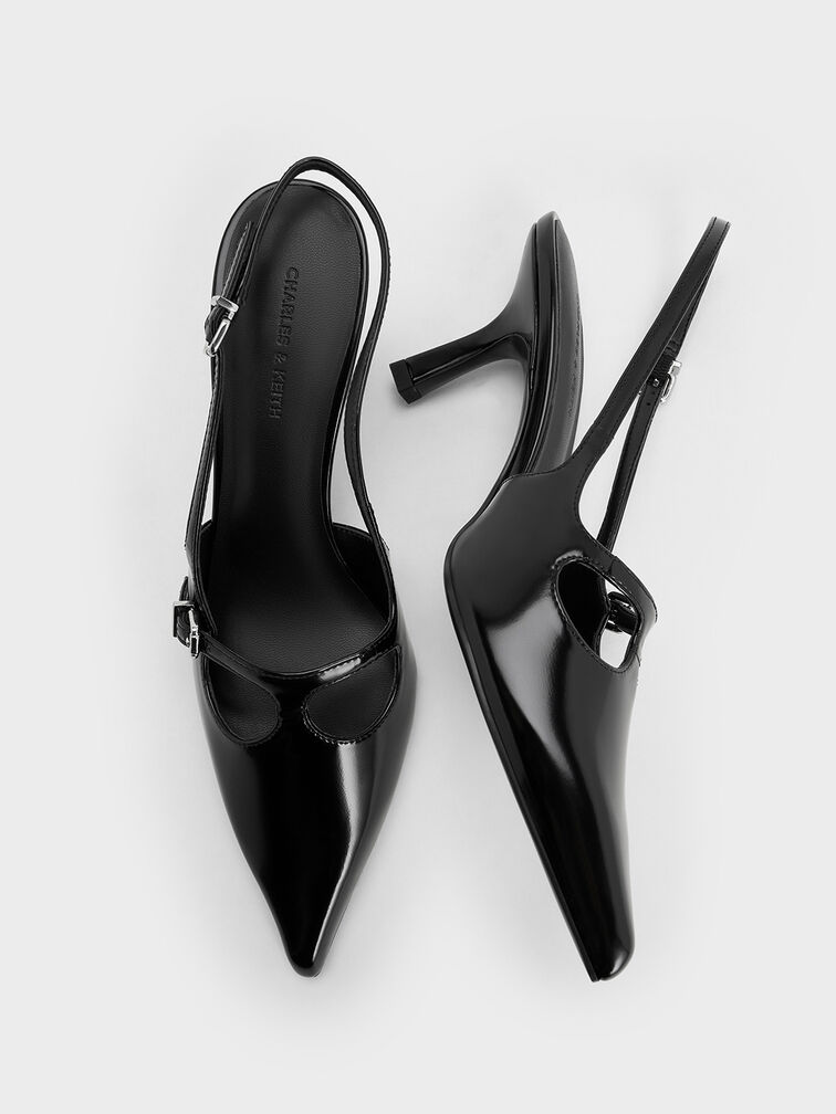 حذاء سلينجباك مفتوح الظهر بكعب عالٍ ومقدمة مدببة وتصميم متقاطع على شكل حرف T, صندوق أسود, hi-res