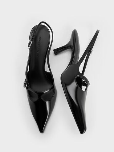 حذاء سلينجباك مفتوح الظهر بكعب عالٍ ومقدمة مدببة وتصميم متقاطع على شكل حرف T, صندوق أسود, hi-res