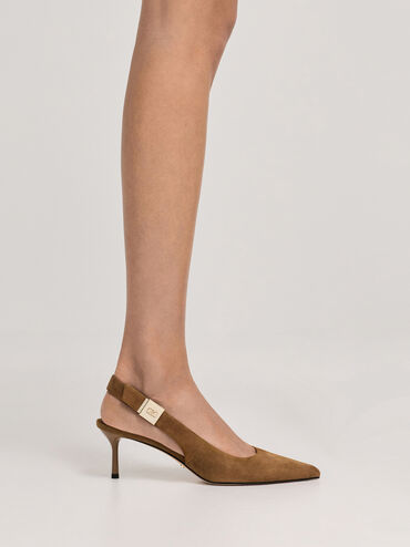 Cody Suede Pointed-Toe Kitten-Heel Slingback Pumps, Brown, hi-res