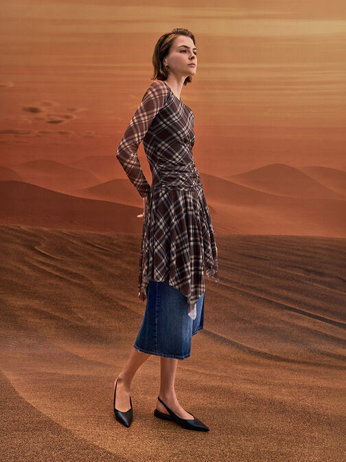 Pointed-Toe High-Vamp Slingback Flats, Black, hi-res