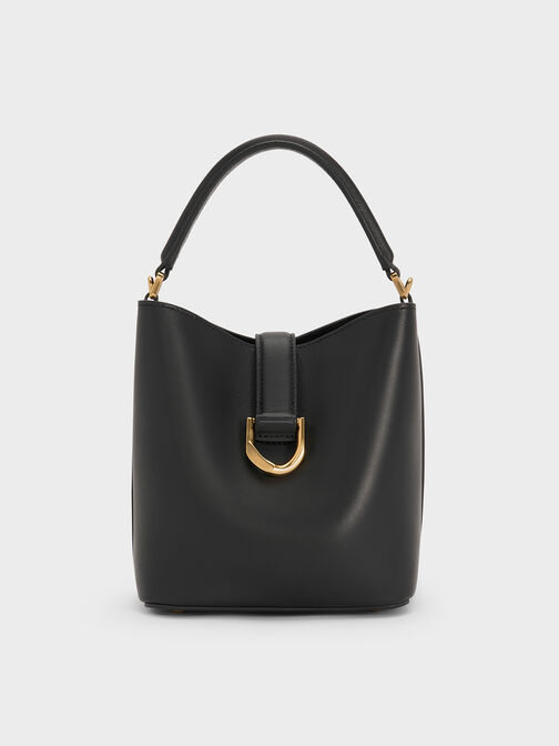 Gabine Leather Belted Top-Handle Bucket Bag, Black, hi-res