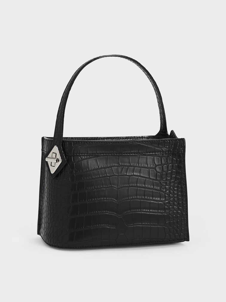 حقيبة ذات مقبض علوي بتأثير جلد التمساح, أسود كلاسيكي, hi-res