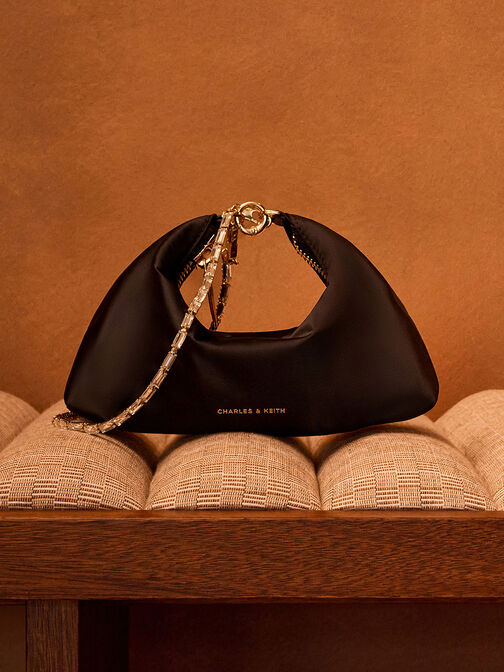 Satin Crystal-Embellished Chain-Handle Two-Way Bag, Black, hi-res