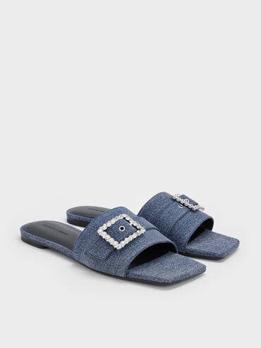 Denim Gem-Buckle Square-Toe Slide Sandals, Denim Blue, hi-res