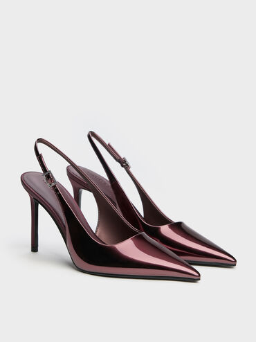 Metallic Pointed Slingback Pumps, Burgundy, hi-res