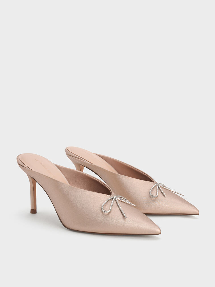 حذاء مفتوح من الخلف بكعب ومقدمة مدببة مزين بفيونكة كريستالية, لون البشرة الطبيعي, hi-res