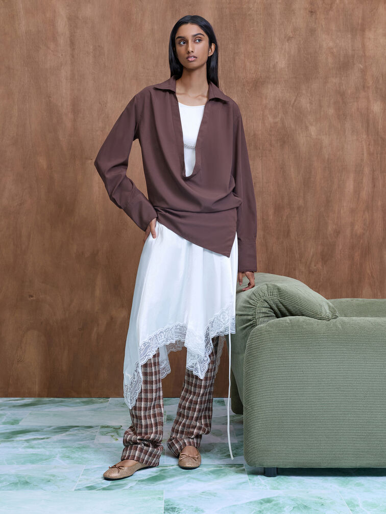 حذاء باليه مسطح بفيونكة من القماش الشبكي اللامع, بنى, hi-res