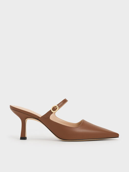 Buckle-Strap Heeled Mules, Cognac, hi-res