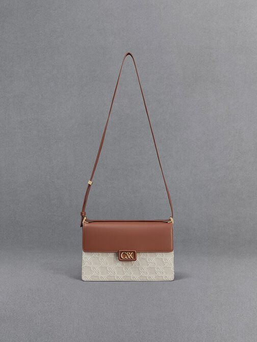 شنطة كتف جلد وقماش بلونين, كونياكي, hi-res