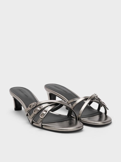 Metallic Buckled Strappy Kitten-Heel Mules, Pewter, hi-res