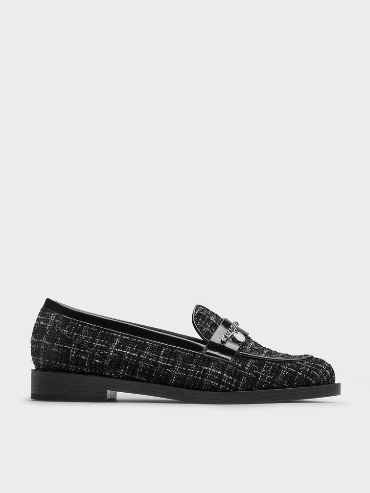 Tweed Braided-Chain Metallic-Accent Loafers, Black Textured, hi-res