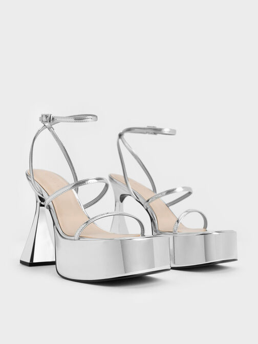 Metallic Strappy Sculptural-Heel Platform Sandals, Silver, hi-res