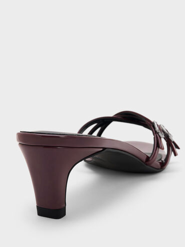 حذاء ميول من الجلد اللامع بكعب القطة وأحزمة متقاطعة بإبزيم, برغندي, hi-res