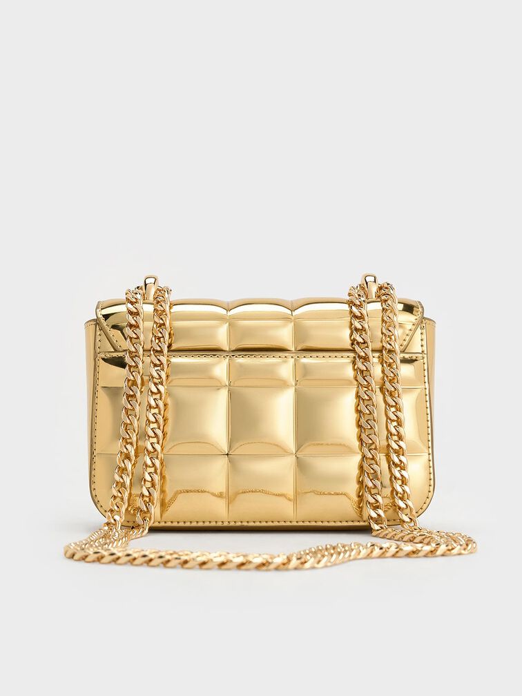 Metallic Square-Quilted Chain-Handle Bag, Gold, hi-res