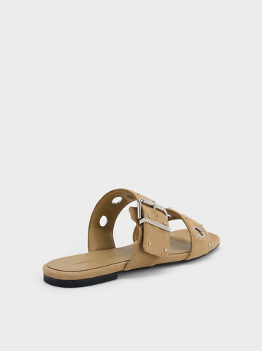 سلايدز من الجلد المدبوغ الصناعي مزودة بحلقات معدنية وإبزيم, رملي, hi-res