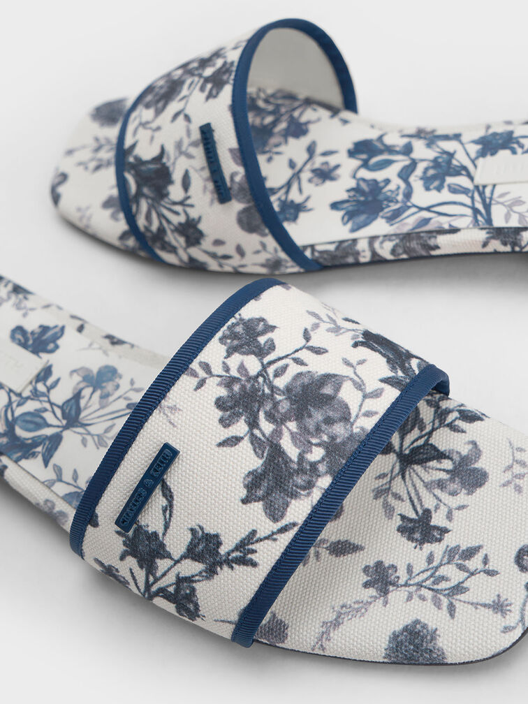 Floral-Print Slide Sandals, Blue, hi-res