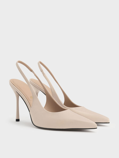 Leather Slingback Stiletto Pumps, Oat, hi-res