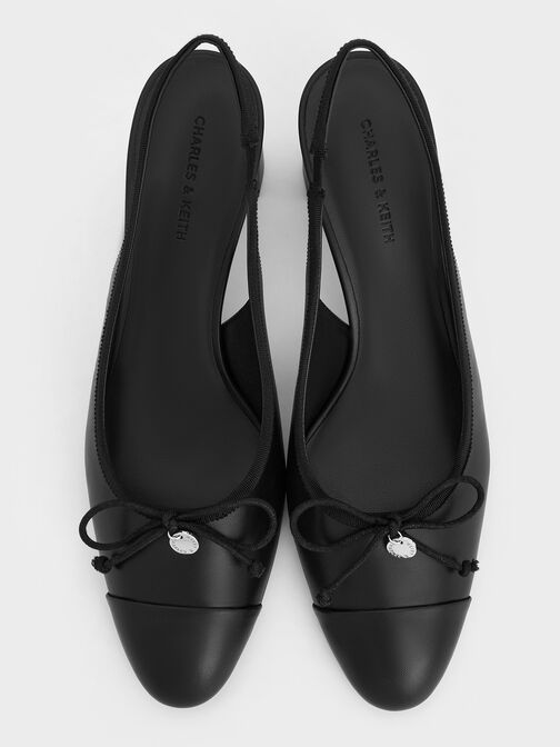 حذاء سلينجباك مفتوح الظهر بكعب ومقدمة مدببة مغلقة مزينة بطيّة أمامية وفيونكة, أسود, hi-res