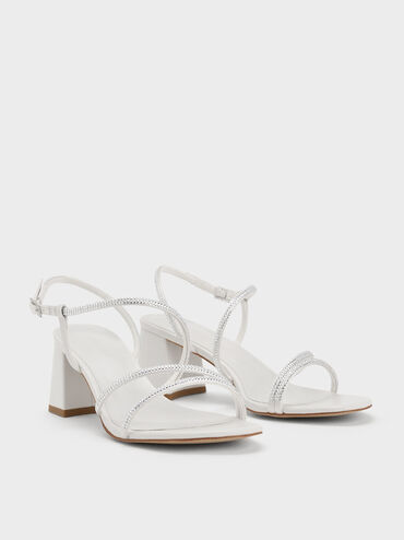 Satin Crystal-Embellished Block-Heel Strappy Sandals, White, hi-res