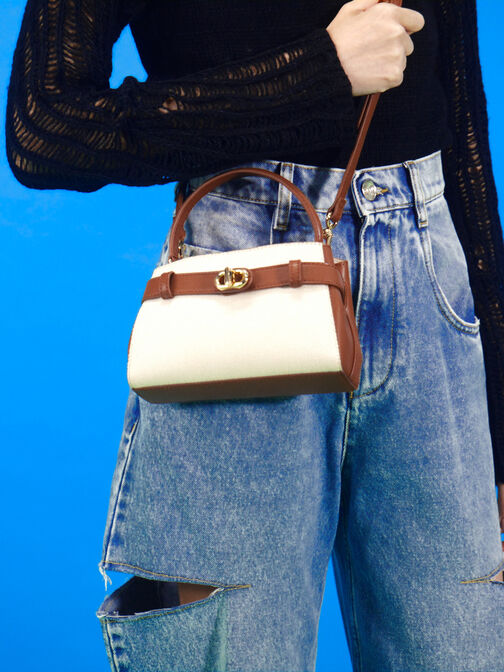 Aubrielle Canvas Two-Tone Top Handle Bag, Taupe Canvas, hi-res