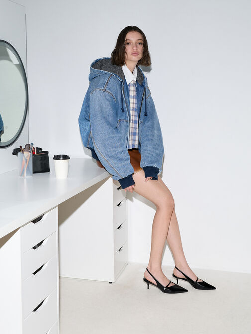 Helena Pearl-Buckle Slingback Kitten Heels, Black Boxed, hi-res