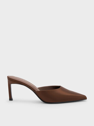 Satin Pointed-Toe Heeled Mules, Dark Brown, hi-res