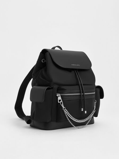 حقيبة ظهر منتفخة من النايلون مزينة بسلسلة معدنية, أسود كلاسيكي, hi-res