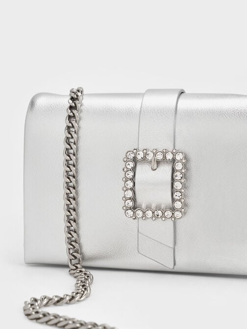 Metallic Crystal-Buckle Belted Chain-Handle Bag, Silver, hi-res