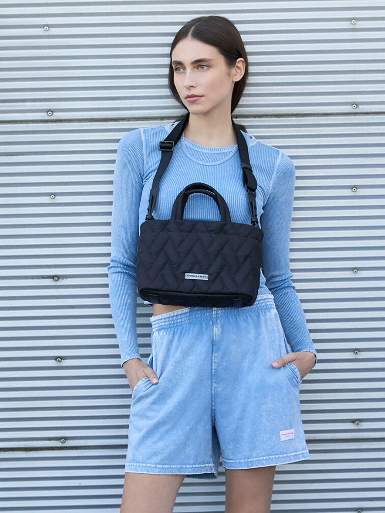 Nylon Chevron Boxy Tote Bag, Jet Black, hi-res