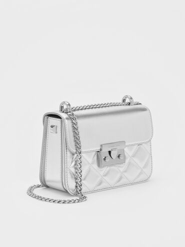 حقيبة ألفا بتصميم مبطن ومقبض على شكل سلسلة ولون معدني, فضي, hi-res