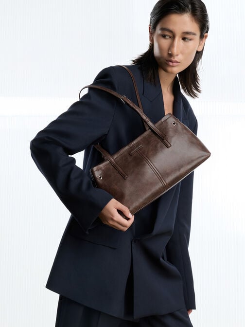 حقيبة كتف بحمالة طويلة, بني مطفي, hi-res