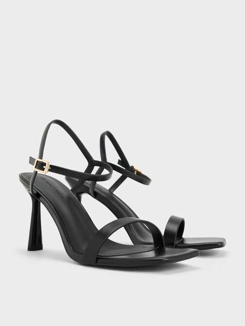 Square-Toe Ankle-Strap Heeled Sandals, Black, hi-res