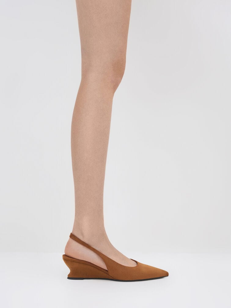 Faux Suede Sculptural-Heel Slingback Wedges, Cognac, hi-res
