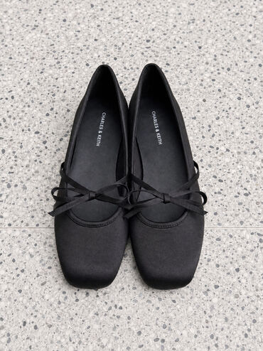 Satin Bow Ballet Flats, Black Textured, hi-res