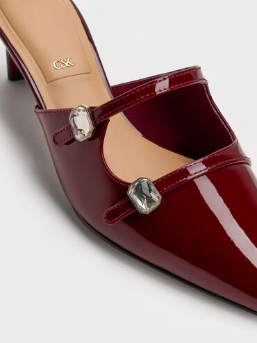 حذاء ميول من الجلد اللامع بكعب ومقدمة مدببة بمشبك مرصع بحجر, برغندي, hi-res