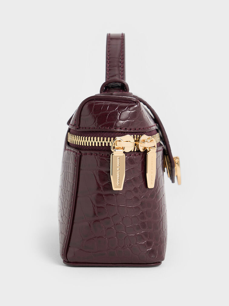 حقيبة مستحضرات تجميل أروين بمقبض علوي ونقشة جلد التمساح, برغندي, hi-res