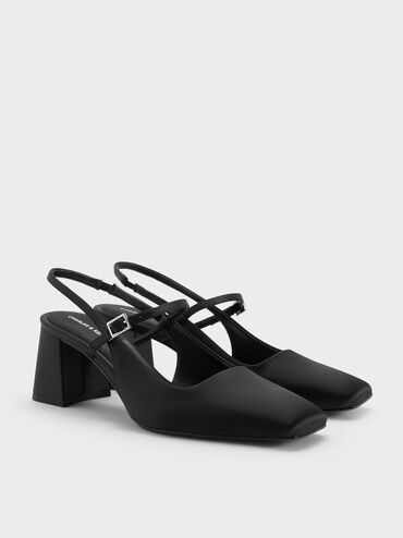 Recycled Polyester Square-Toe Mary Jane Slingback Pumps, Black Textured, hi-res