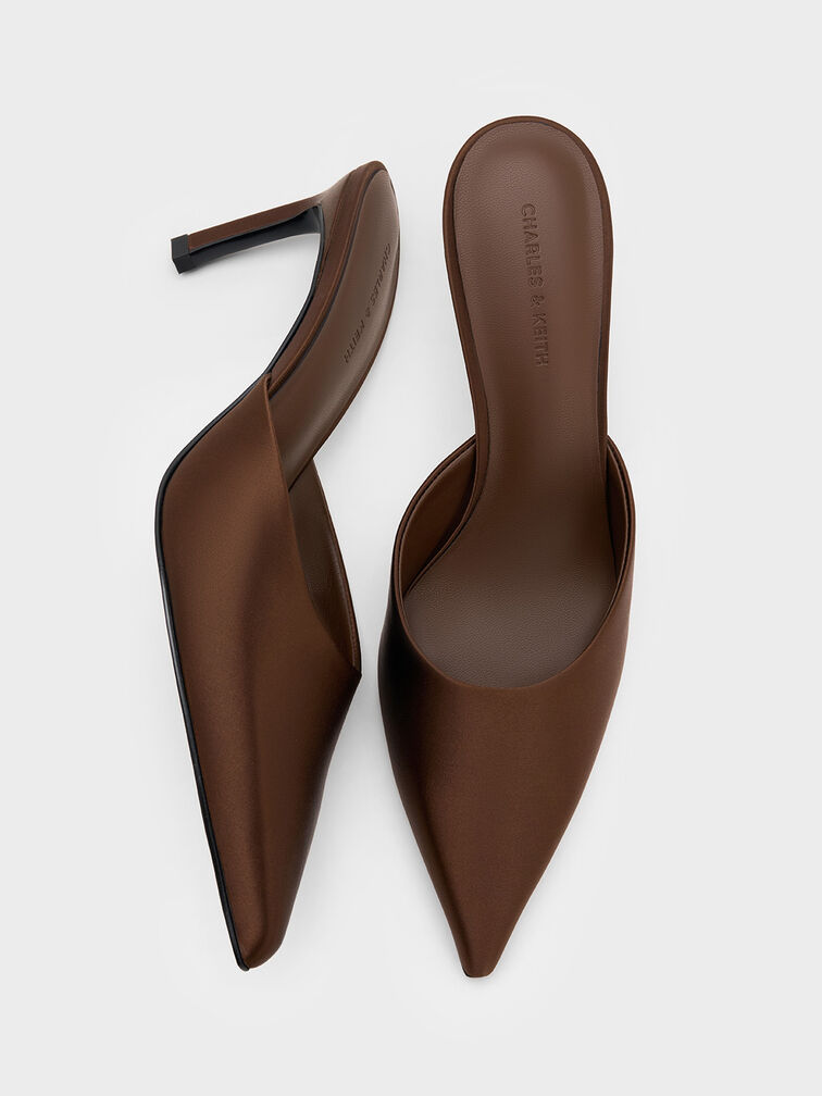 Satin Pointed-Toe Heeled Mules, Dark Brown, hi-res